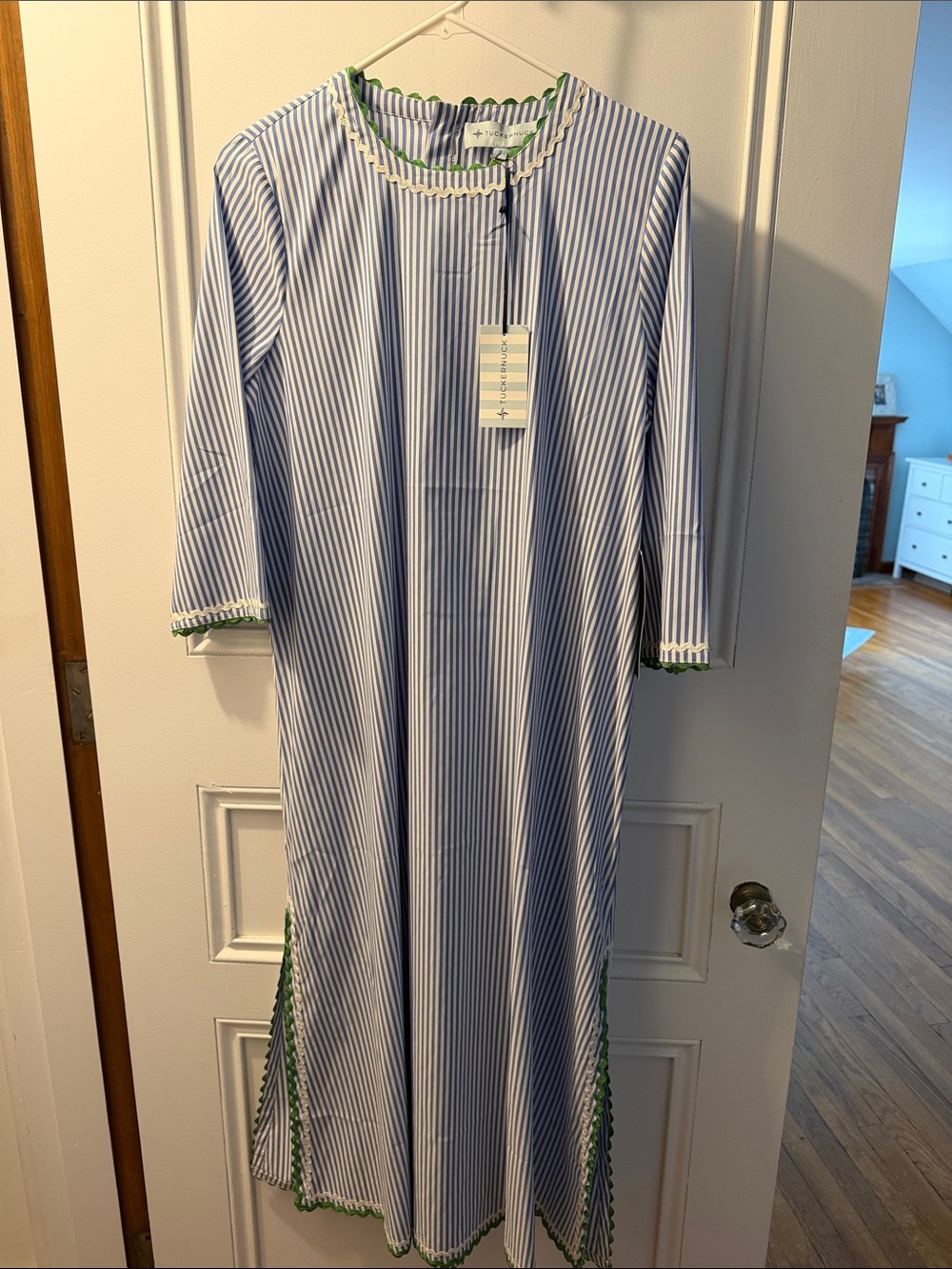 NWT Tuckernuck Blue-and-White Striped Maxi Dress with Green Trim